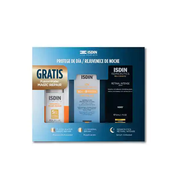 Kit Isdin Fusion Water Magic Repair + Uv Mineral Brush + Isdinceutics Retinal Intense