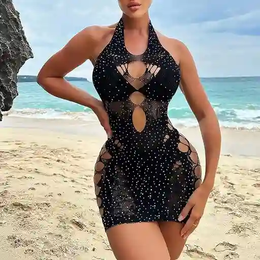 Vestido De Malla Taylor Con Brillantes Negro - Talla Única