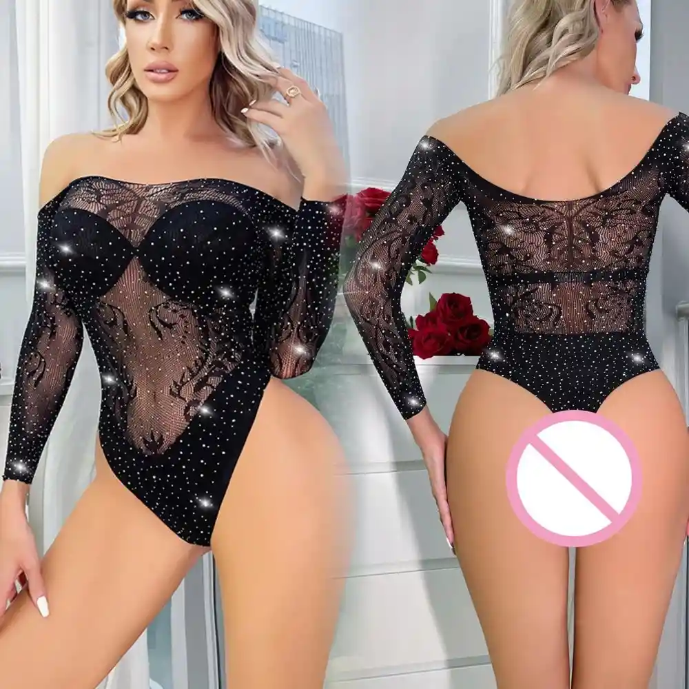 Body De Malla Cherry Con Brillantes Negro - Talla Única