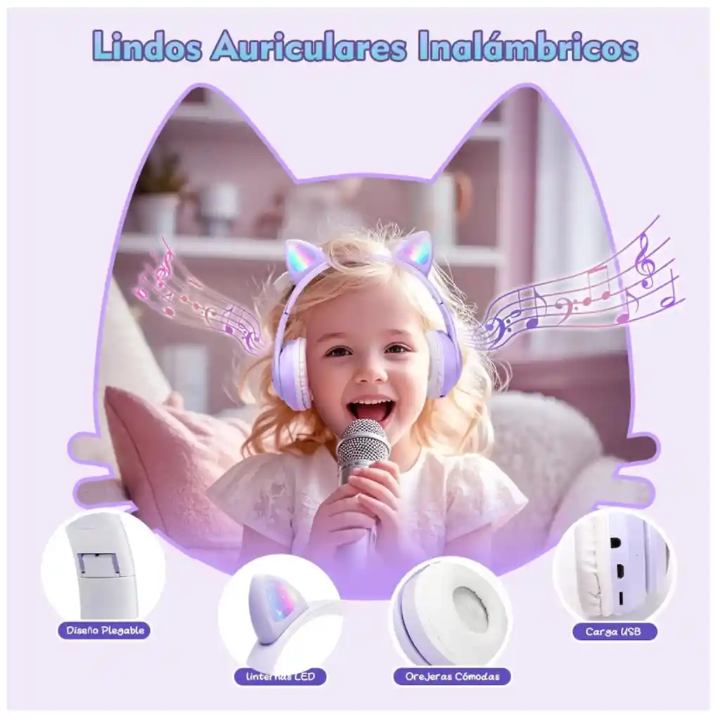 Diadema Audifonos Niña Bluetooth Orejas De Gato Luz Rgb Mz03