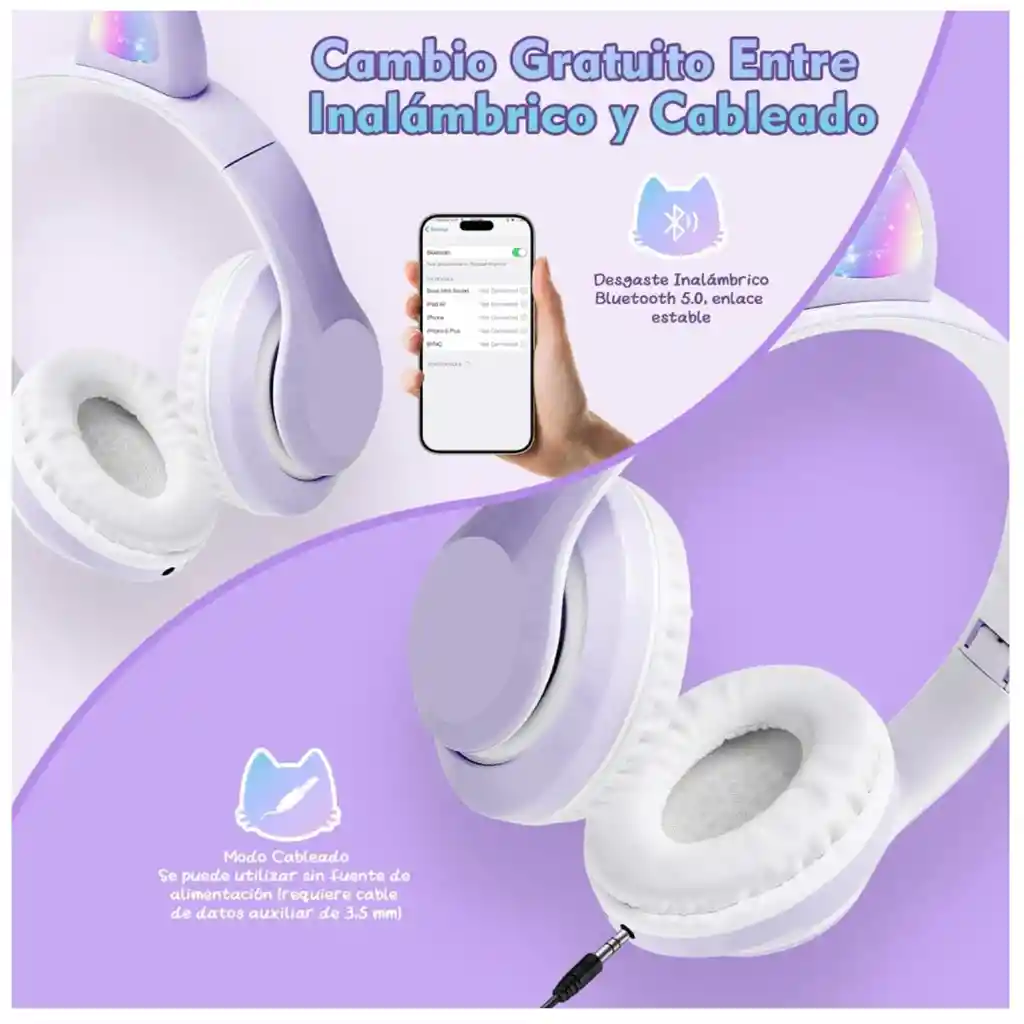 Diadema Audifonos Niña Bluetooth Orejas De Gato Luz Rgb Mz03
