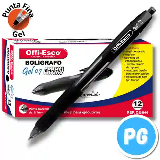 Caja Esfero Offiesco 0.7mm Gel X12 Unds Retractil Negro 044 Ergonomico