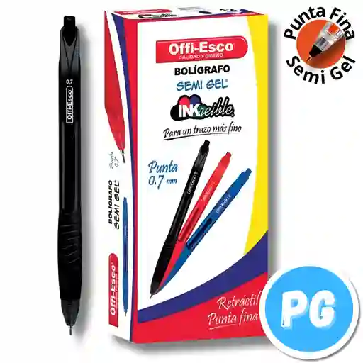 Caja Esfero Offiesco 0.7mm Semigel X12 Unds Retractil Negro 050 Ergonomico