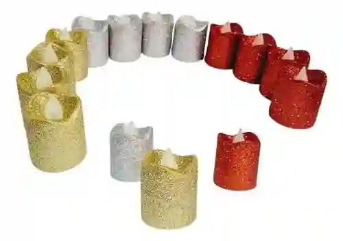 Vela Chiquita Navideña Dorada Escarchada Con Luz De Colores