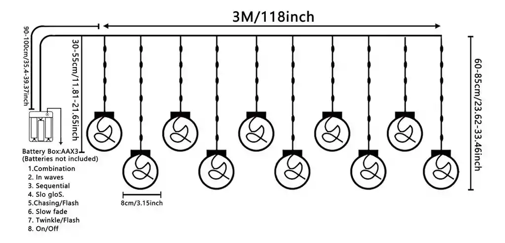Cortina De Navidad Luz Led Cálidas Luces Esferas Nieve De Navidad 3m X 0.7m Decoración Navideña
