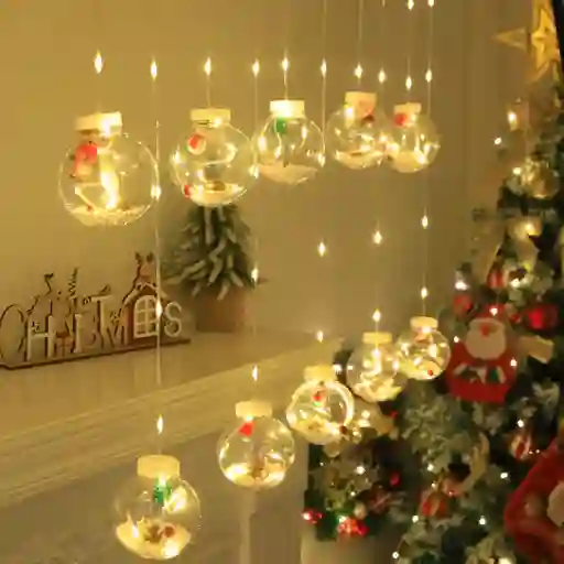Cortina De Navidad Luz Led Cálidas Luces Esferas Nieve De Navidad 3m X 0.7m Decoración Navideña