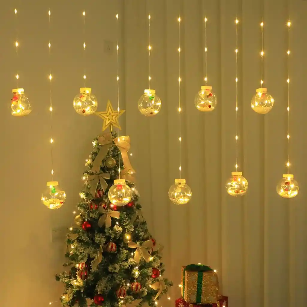 Cortina De Navidad Luz Led Cálidas Luces Esferas Nieve De Navidad 3m X 0.7m Decoración Navideña