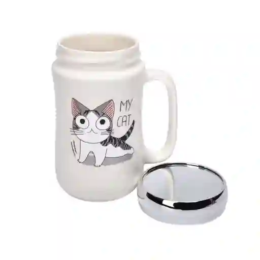 Pocillo Ceramica Diseño Gato Con Tapa 450ml Dim:7x14
