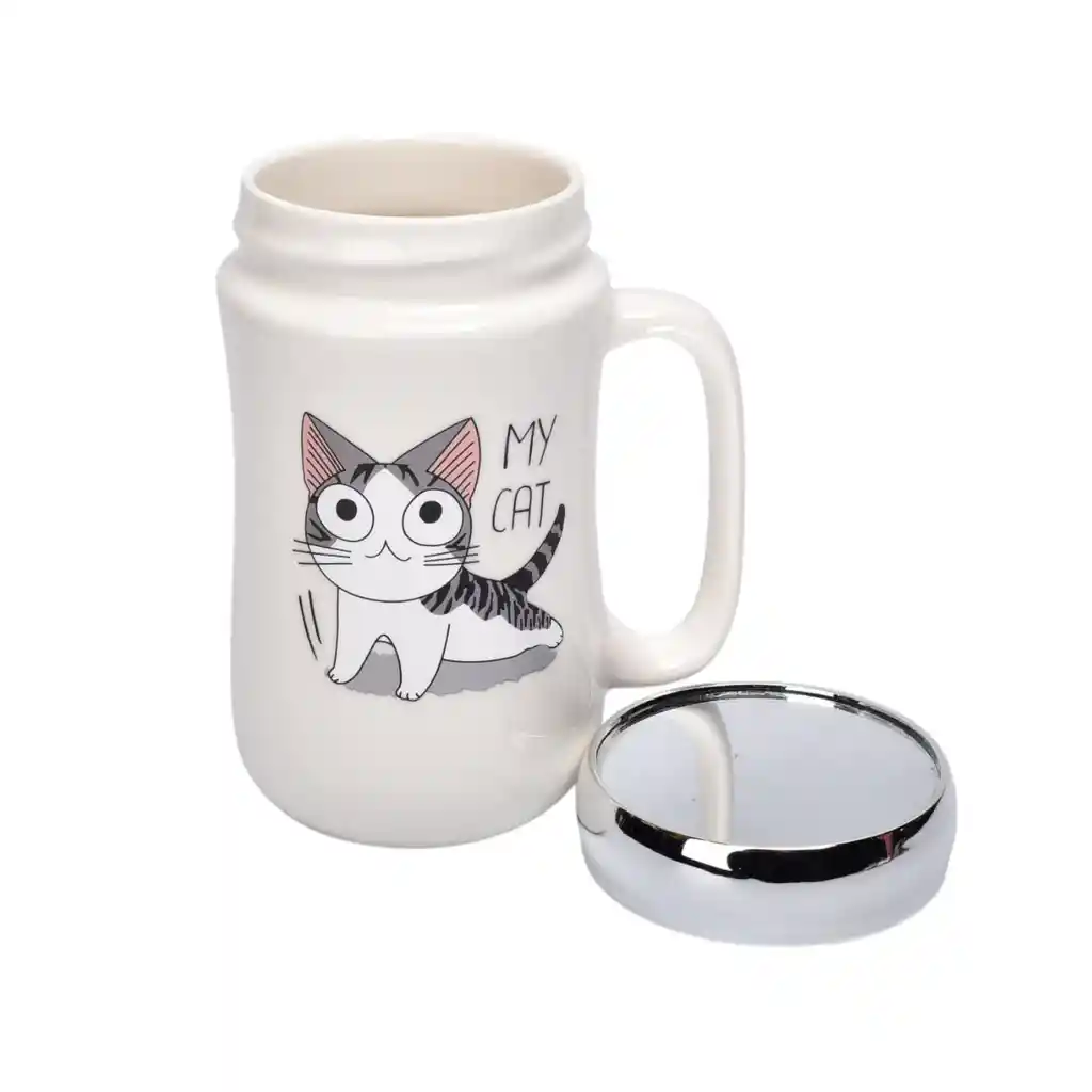 Pocillo Ceramica Diseño Gato Con Tapa 450ml Dim:7x14