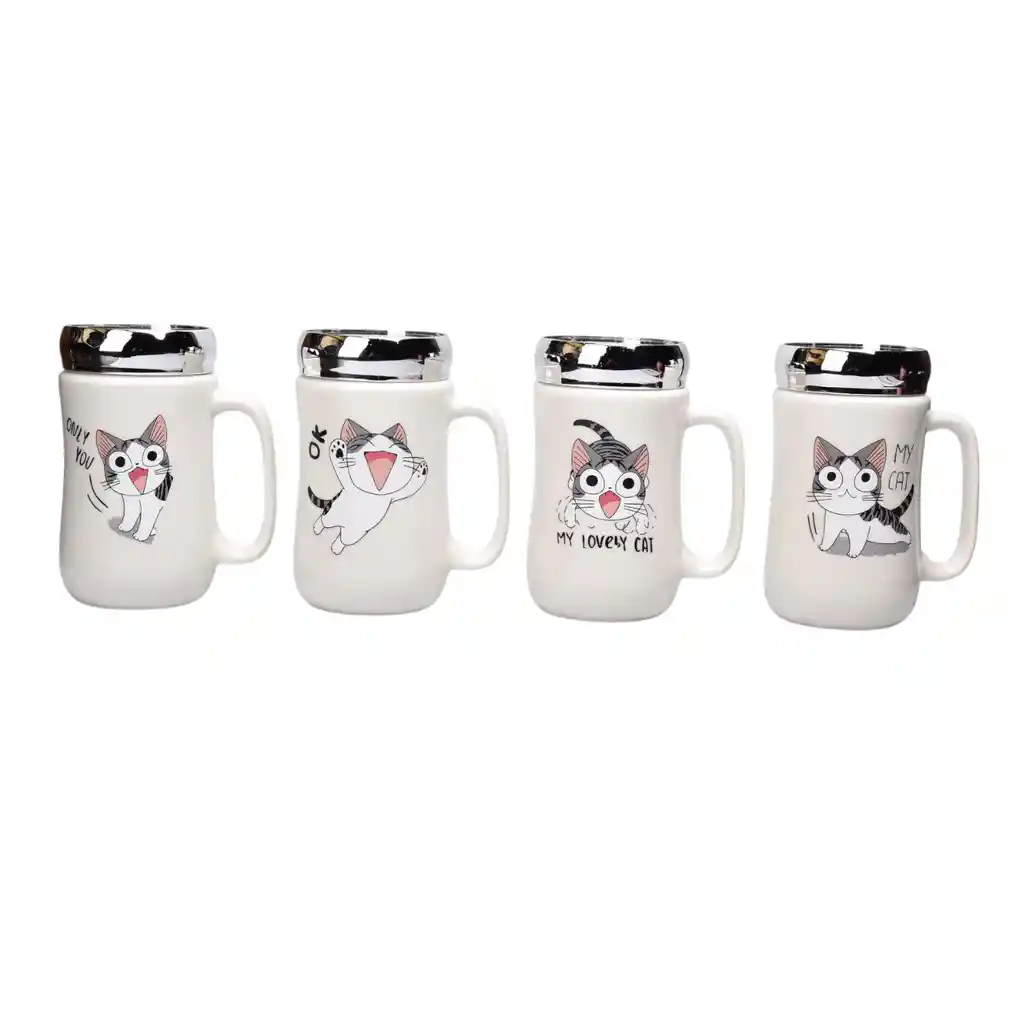 Pocillo Ceramica Diseño Gato Con Tapa 450ml Dim:7x14