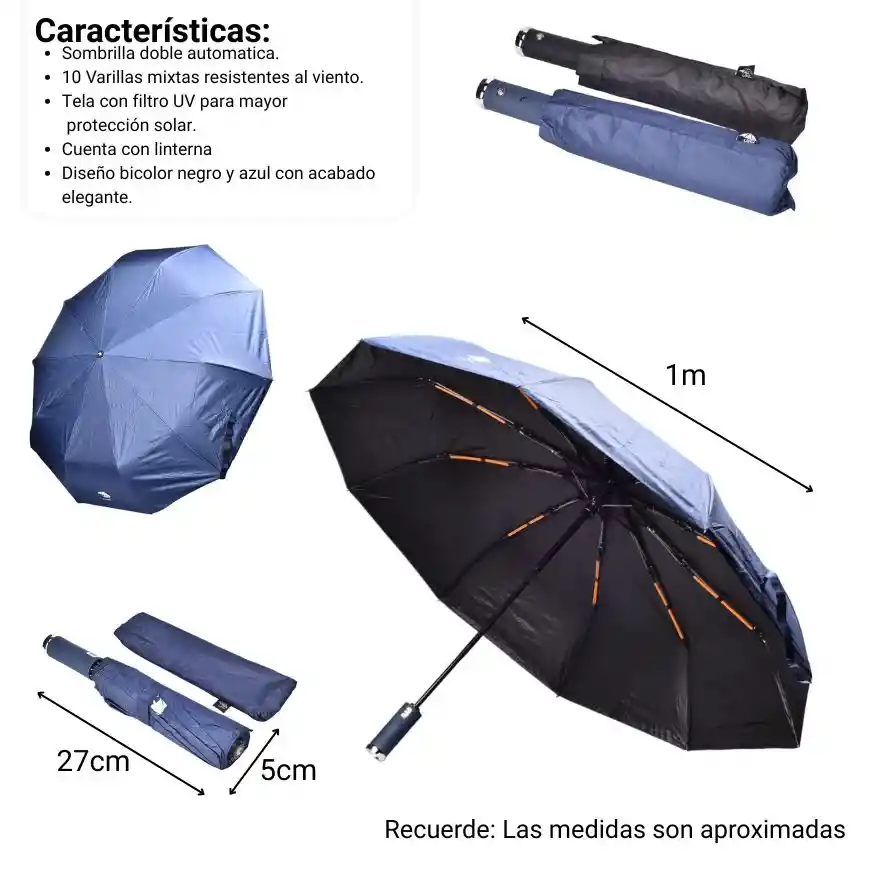 Sombrilla Con Linterna Doble Automatica 10 Varillas Filtro Uva Zul Y Negro