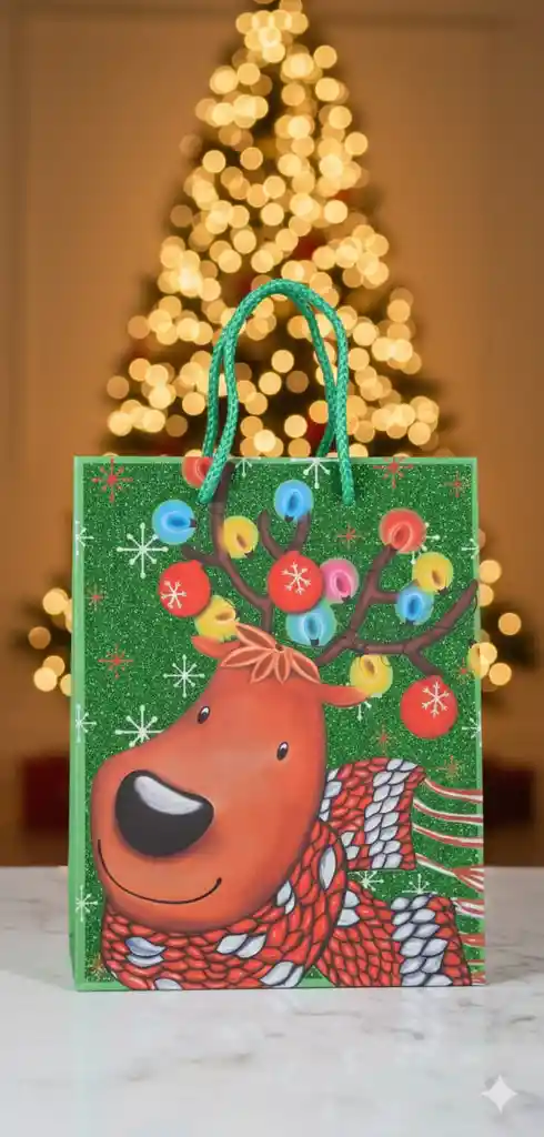 Bolsa De Regalo Navideña 18x23 Cm – Pequeña Ilustrada En Estilo De Dibujos Animados Con Acabado Brillante (glitter)
