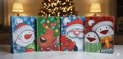 Bolsa De Regalo Navideña 18x23 Cm – Pequeña Ilustrada En Estilo De Dibujos Animados Con Acabado Brillante (glitter)