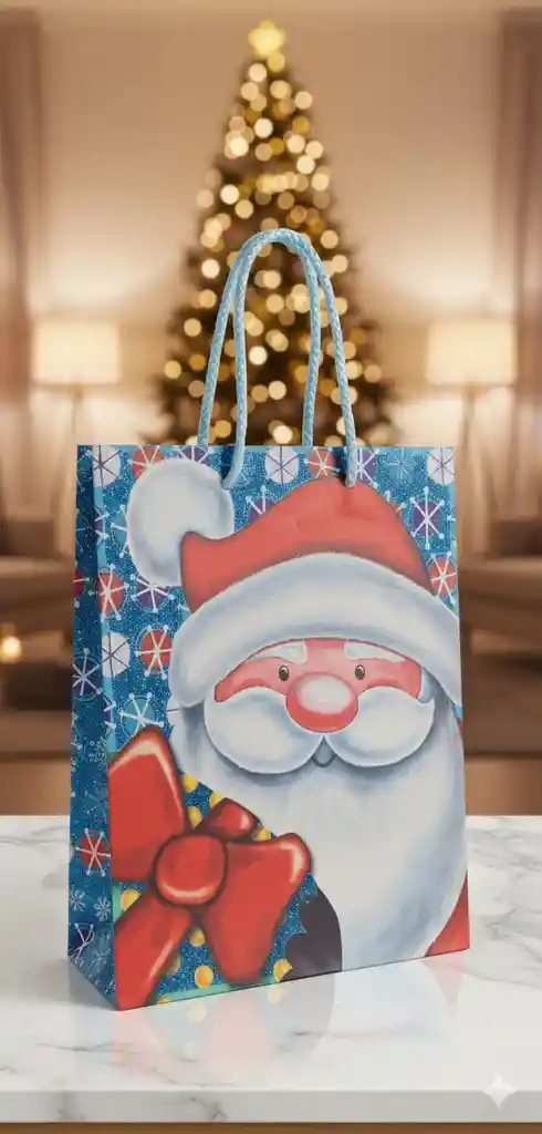 Bolsa De Regalo Navideña 18x23 Cm – Pequeña Ilustrada En Estilo De Dibujos Animados Con Acabado Brillante (glitter)
