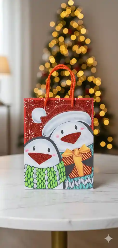 Bolsa De Regalo Navideña 18x23 Cm – Pequeña Ilustrada En Estilo De Dibujos Animados Con Acabado Brillante (glitter)