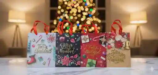 Bolsa De Regalo Navideña 18x23 Cm – Pequeña Varios Colores Con Detalles Escarchados En Relieve 3d