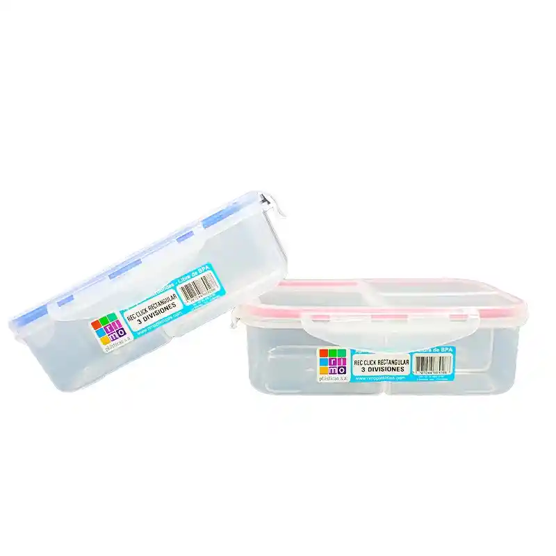 Recipiente Taper Plástico 3 Divisiones 1.3 L Hermético Rimo Click Rectangular Np