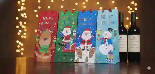 Bolsa De Regalo Para Botella Navideña 36x13 – Motivos Ilustrativos, Coloridos Y Alegres Con Escarcha 3d