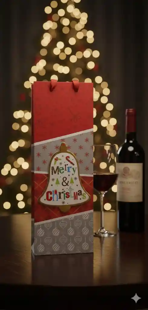 Bolsa De Regalo Para Botella Navideña 36x13 – Estilo Estructurado, Moderno Y Con Aplique Geométrico 3d