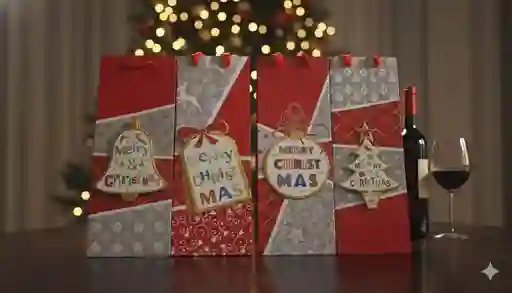 Bolsa De Regalo Para Botella Navideña 36x13 – Estilo Estructurado, Moderno Y Con Aplique Geométrico 3d