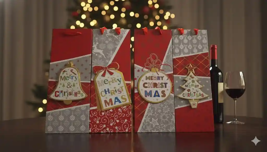 Bolsa De Regalo Para Botella Navideña 36x13 – Estilo Estructurado, Moderno Y Con Aplique Geométrico 3d