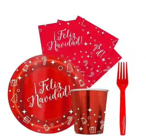 Kit Navidad Brillante Vaso Plato Tenedor Y Servilleta Sempertex