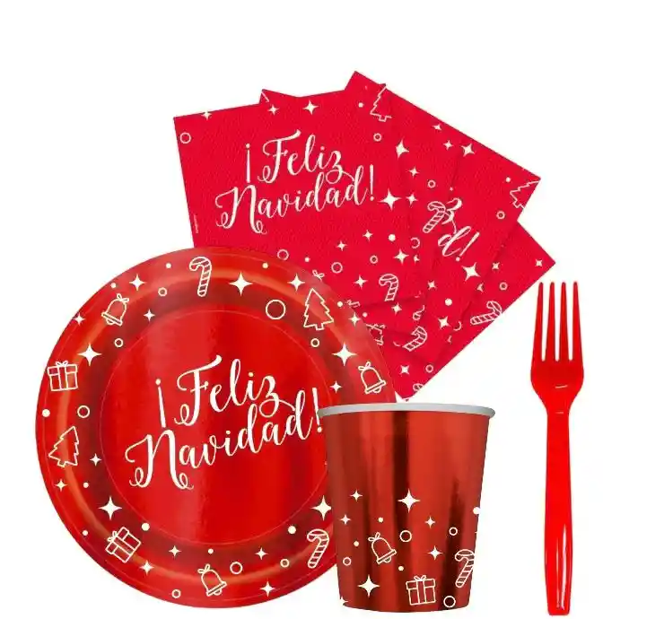Kit Navidad Brillante Vaso Plato Tenedor Y Servilleta Sempertex