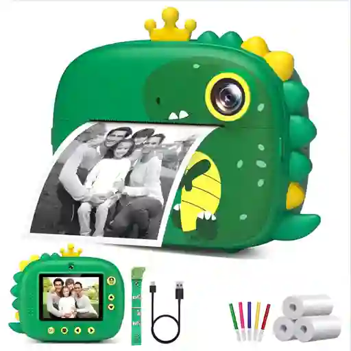 Cámara Instantánea Impresora Fotos Infantil 1080p Dinosaurio