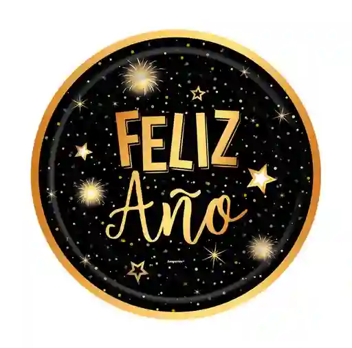 Plato Sempertex Navidad Feliz Año Metalizado Negro Dorado X 8 Unidades De Carton