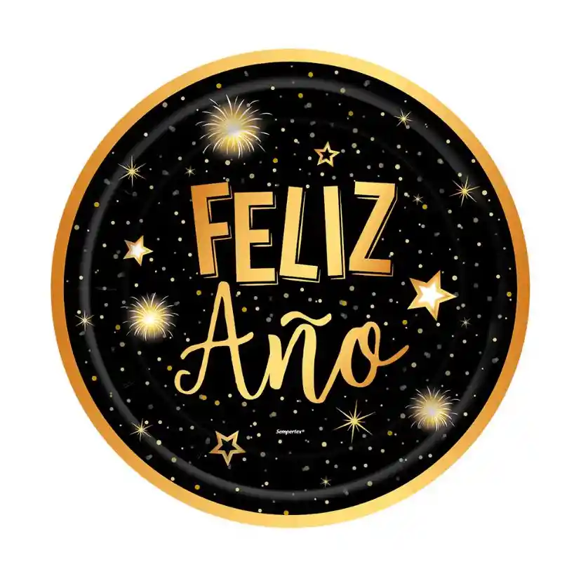 Plato Sempertex Navidad Feliz Año Metalizado Negro Dorado X 8 Unidades De Carton