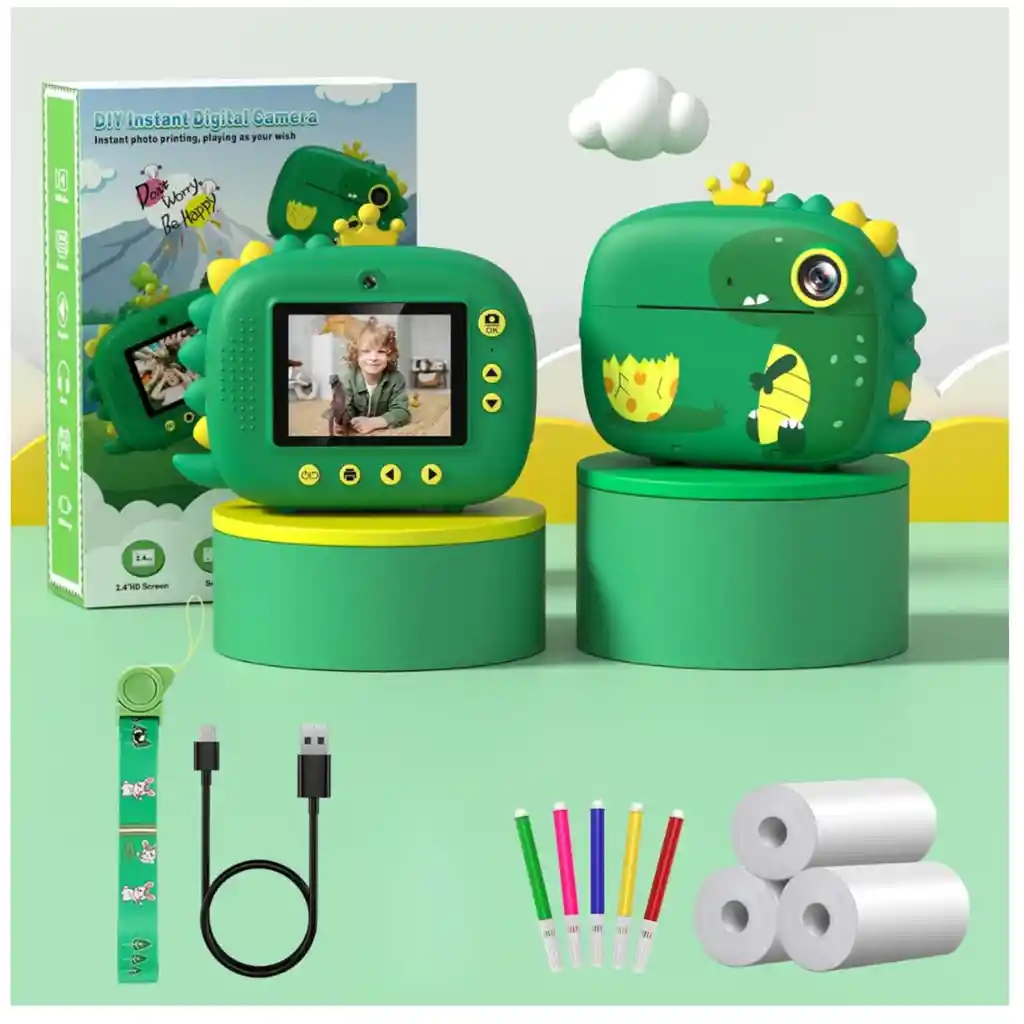 Cámara Instantánea Impresora Fotos Infantil 1080p Dinosaurio