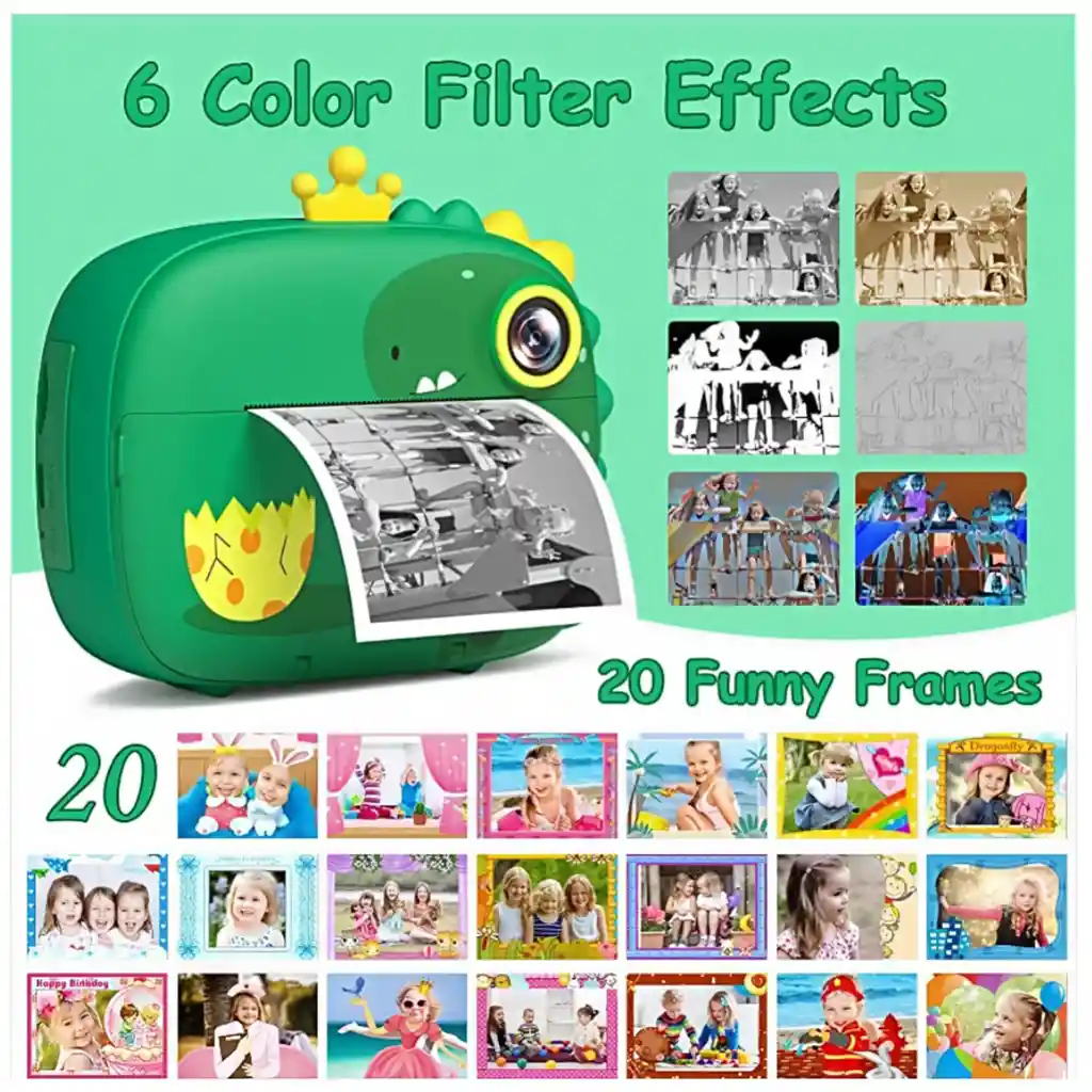 Cámara Instantánea Impresora Fotos Infantil 1080p Dinosaurio
