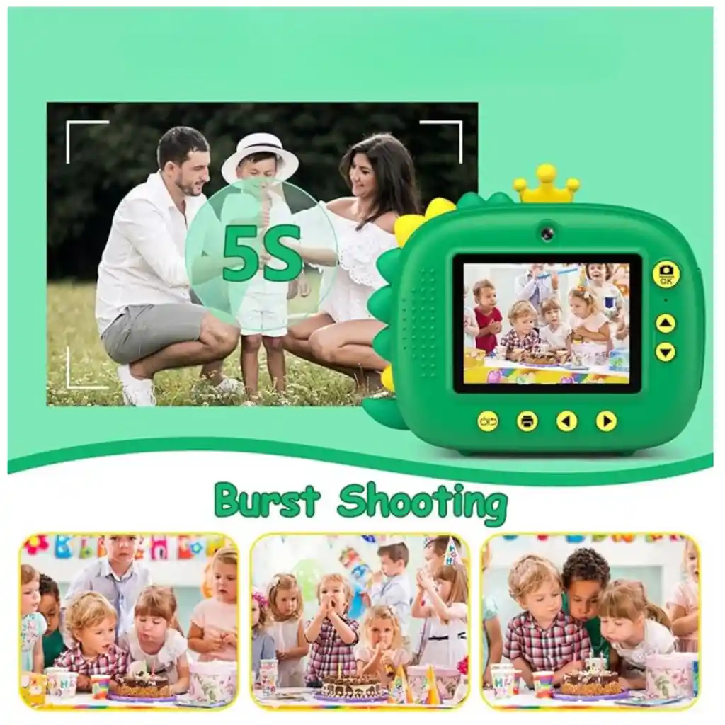 Cámara Instantánea Impresora Fotos Infantil 1080p Dinosaurio
