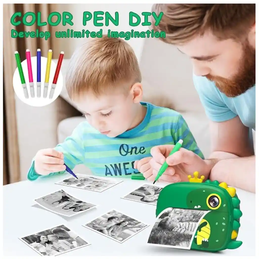 Cámara Instantánea Impresora Fotos Infantil 1080p Dinosaurio