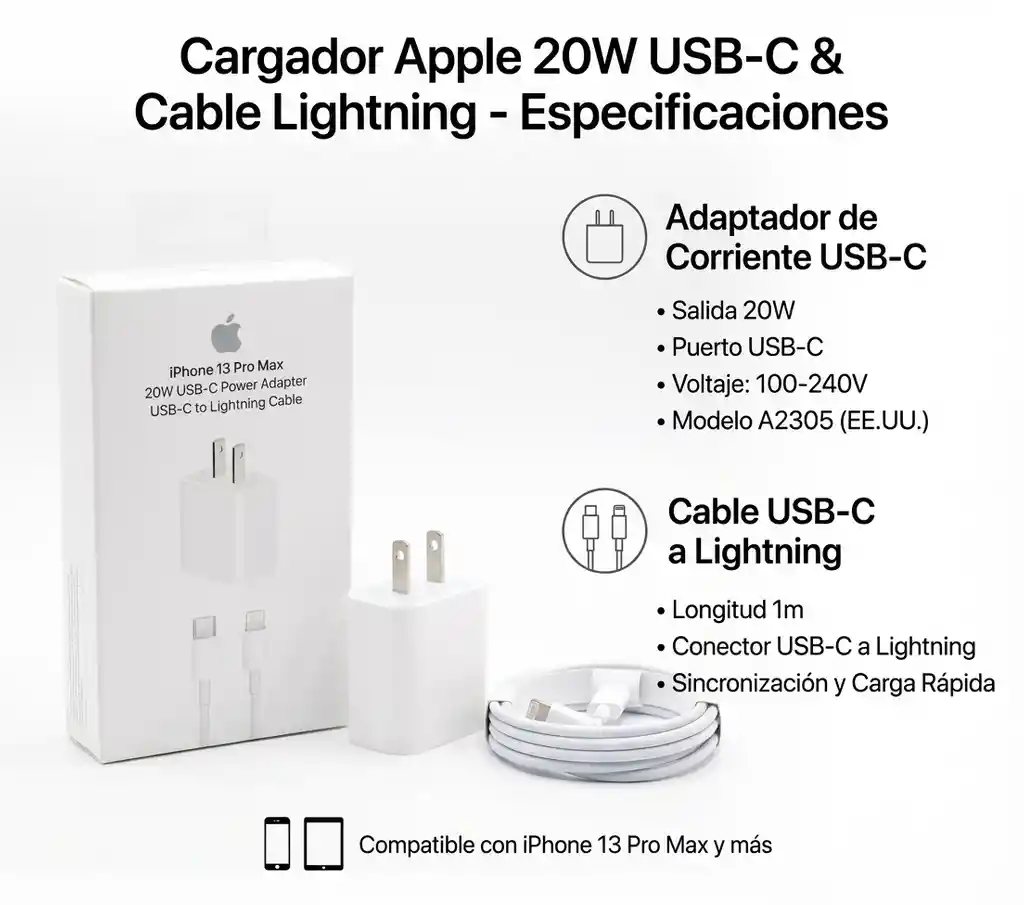 Cargador Completo Iphone 20w - Adaptador + Cable Tipo C A Lightning