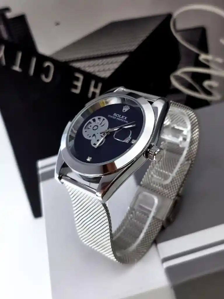 Reloj Rolex Manilla Tipo Malla Plateado Negro