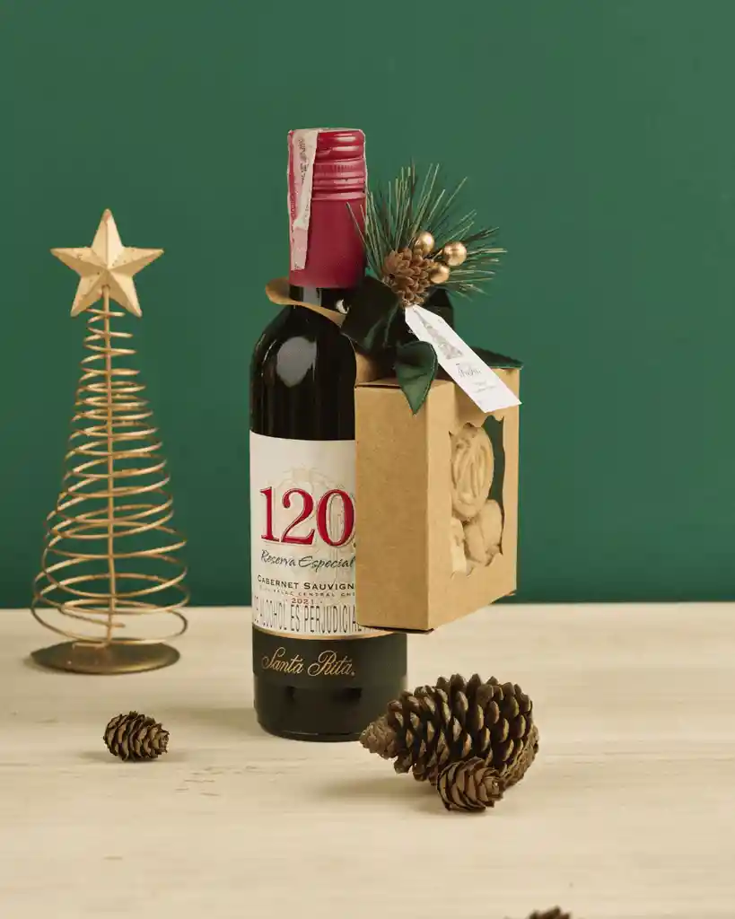 Regalo Navideño Con Vino 375 Ml Y Cajita De Galletas Decorada
