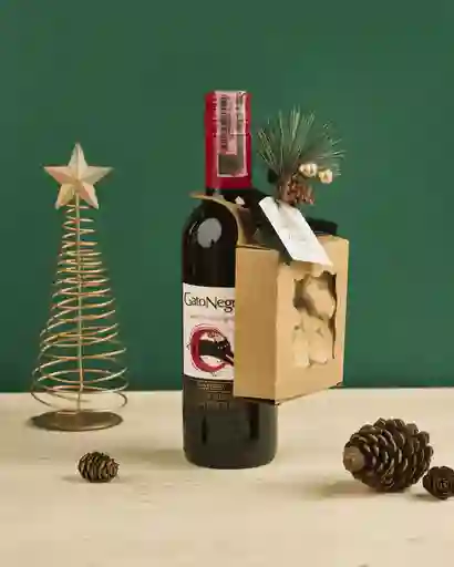 Regalo Navideño Con Vino Gato Negro 375 Ml Y Galletas Decoradas