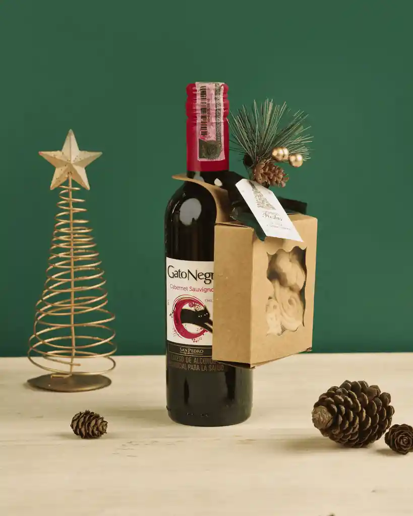 Regalo Navideño Con Vino Gato Negro 375 Ml Y Galletas Decoradas