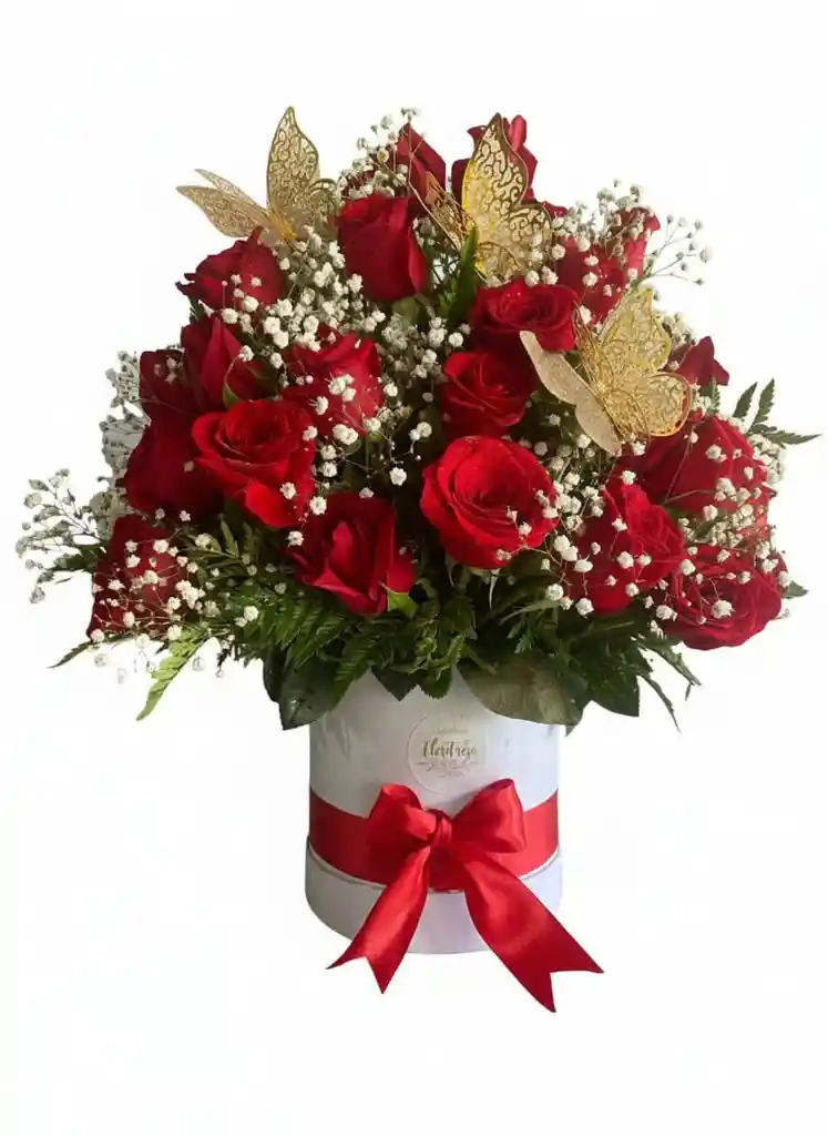 Caja De Rosas Rojas Con Mariposas