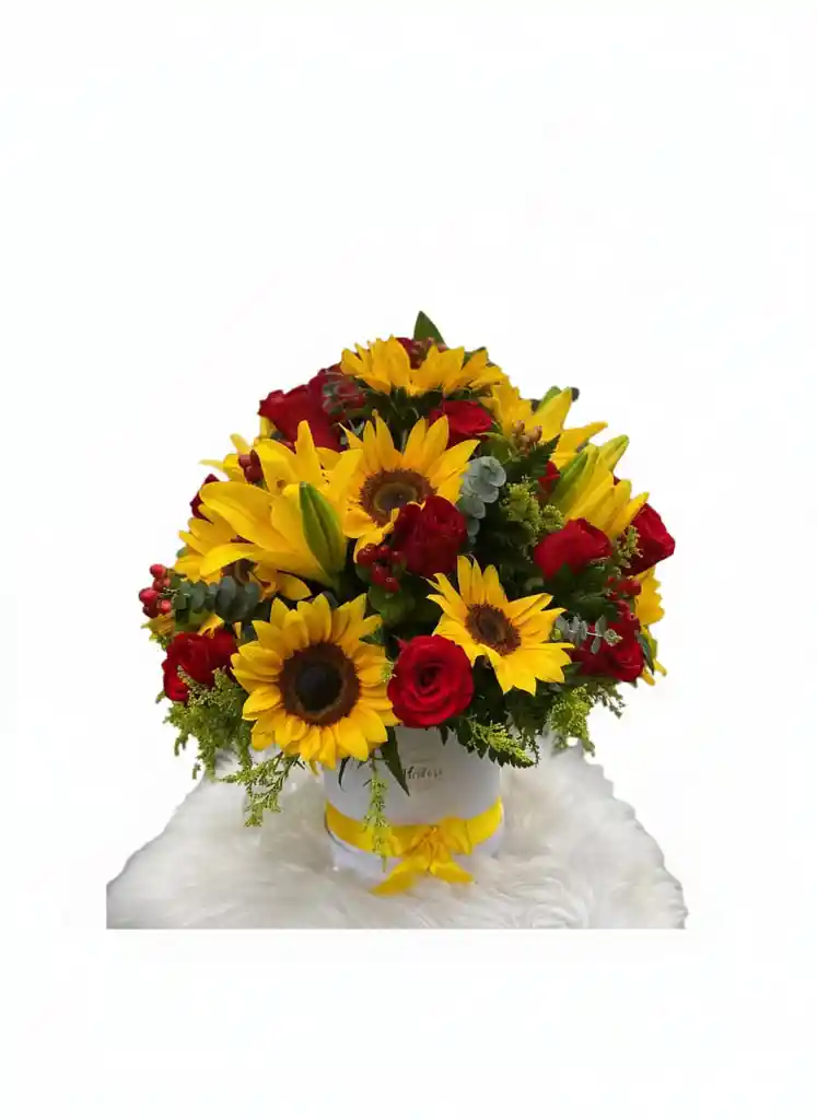 Caja De Girazoles Y Rosas Y Lirios