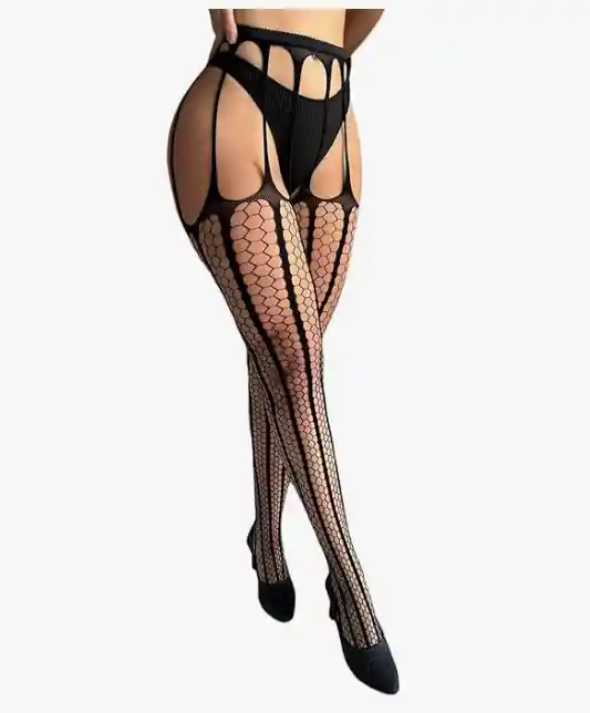 Medias De Liguero Malla Amada Lenceria. Negro