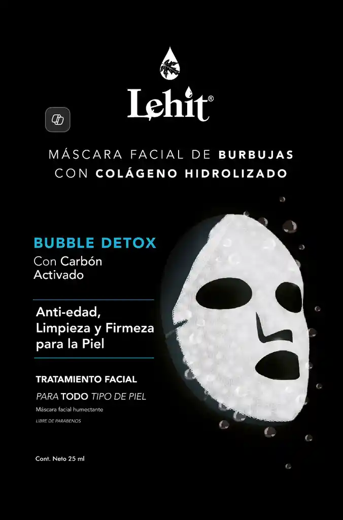 Máscara Facial Burbujas Con Colágeno Y Carbón Activado X25 Ml Lehit Sachet