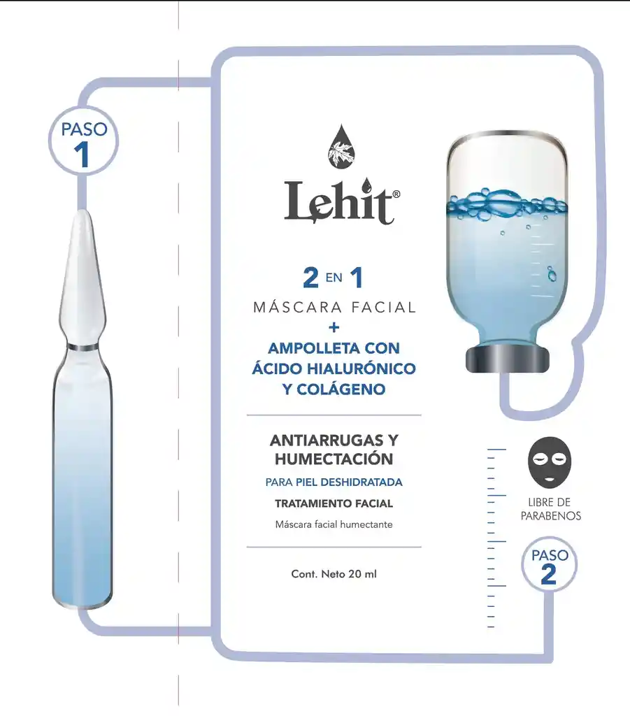 Mascara Facial Colágeno Y Ácido Hialurínico 2 En 1 + Ampolleta X1,5 Ml - 2 Pasos - X20 Ml Lehit Sachet