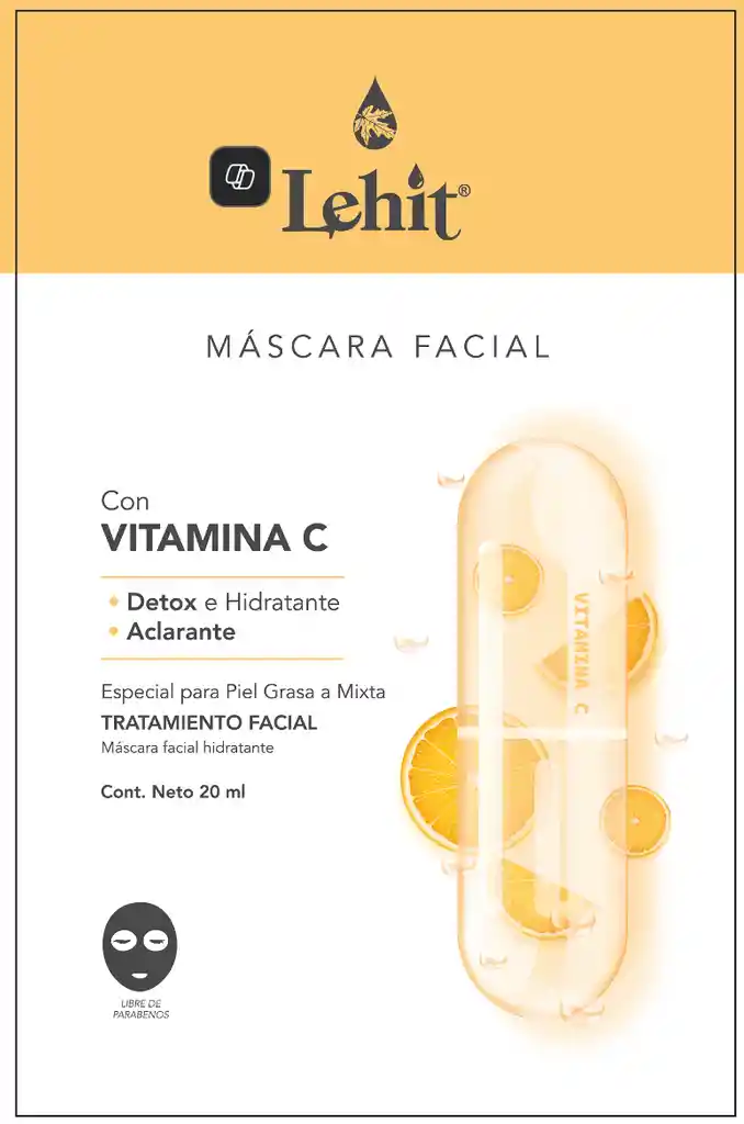 Máscara Facial Con Vitamina C Detox E Hidratante, Aclarante Especial Para Piel Grasa A Mixta X20 Ml Lehit Sachet