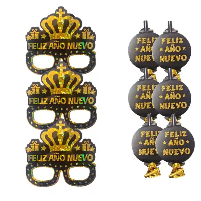 Cornetas Y Gafas Feliz Año Nuevo Happy New Year X 24