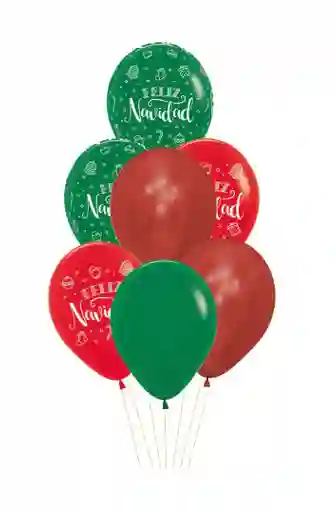 Navidad Bouquet Rojo Verde (7 Globos Inflados Con Helio) Merry Christmas