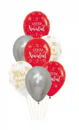 Navidad Bouquet Rojo Plateado (7 Globos Inflados Con Helio) Merry Christmas