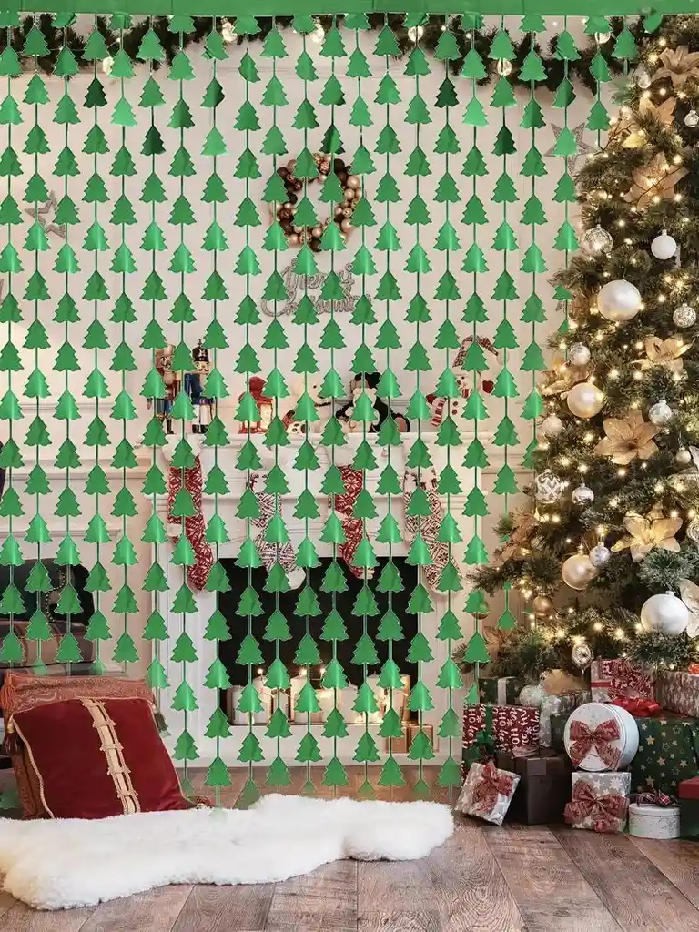 Navidad Cortina Metalizada Verde Merry Christmas