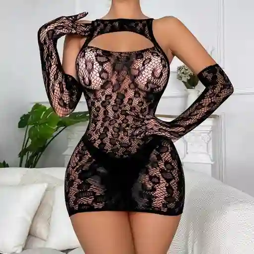 Malla Vestido Con Guantes Lenceria. Hermanas Fashion. Negro